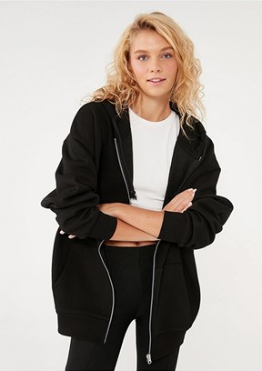 Mavi Siyah Kadın Fermuarlı Kapüşonlu Sweatshirt