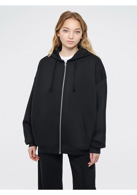 Mavi Siyah Kadın Fermuarlı Kapüşonlu Sweatshirt