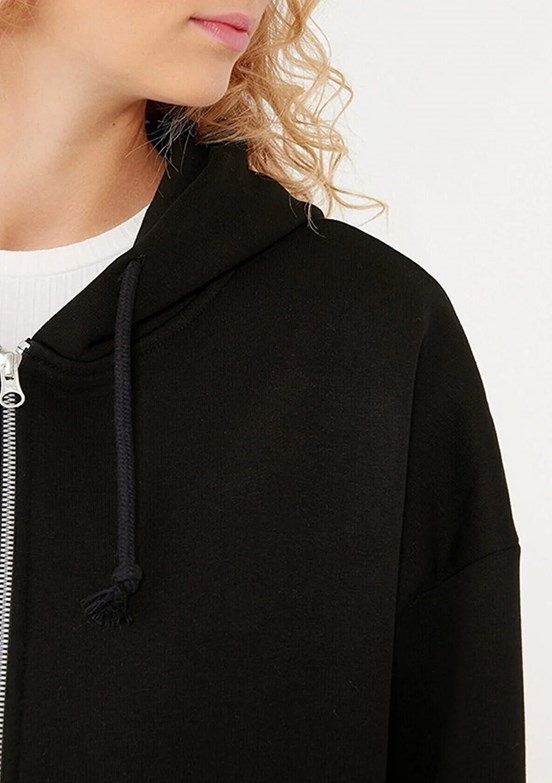 Mavi Siyah Kadın Fermuarlı Kapüşonlu Sweatshirt
