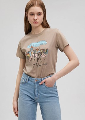 Mavi Kadın Baskılı T-Shirt