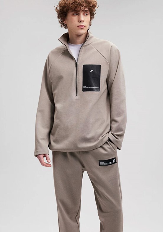 Mavi Gri Erkek Fermuarlı Sweatshirt