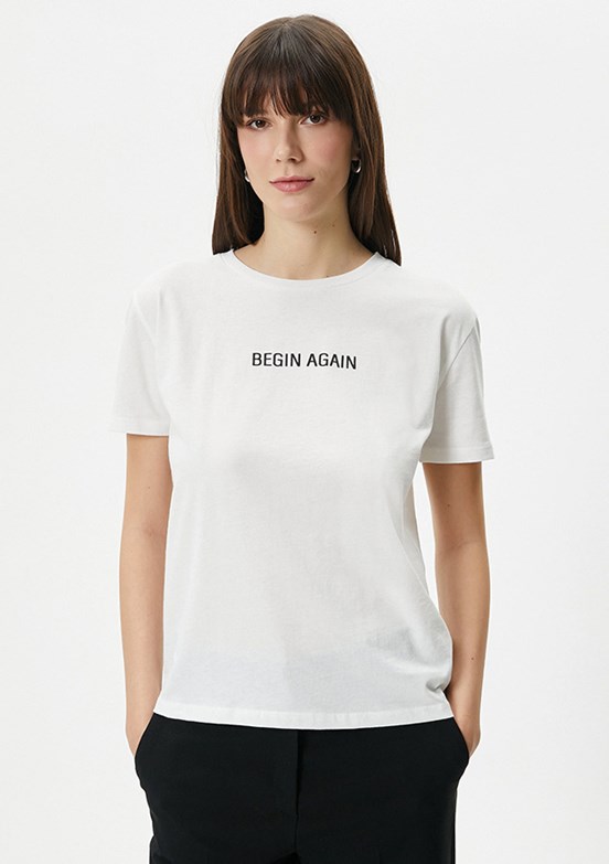 Koton Beyaz Kadın Bisiklet Yaka T-Shirt