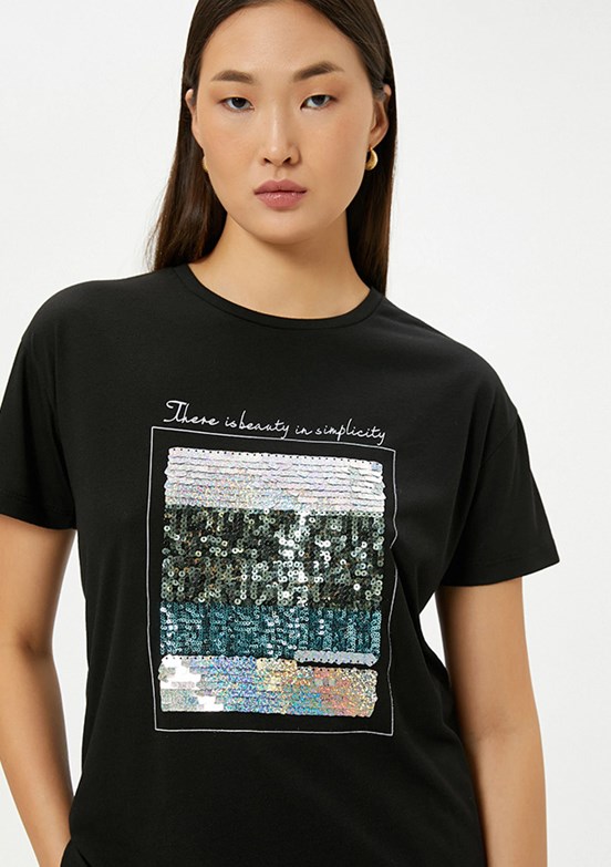Koton Siyah Kadın Bisiklet Yaka T-Shirt