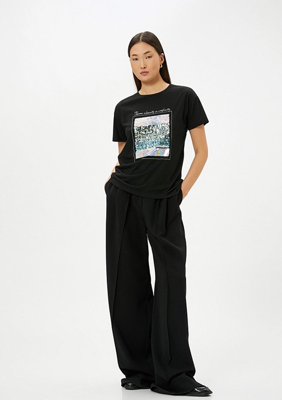 Koton Siyah Kadın Bisiklet Yaka T-Shirt