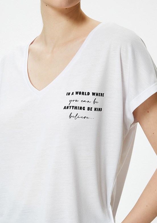 Koton Beyaz Kadın V Yaka T-Shirt