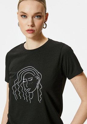 Koton Siyah Kadın Bisiklet Yaka T-Shirt