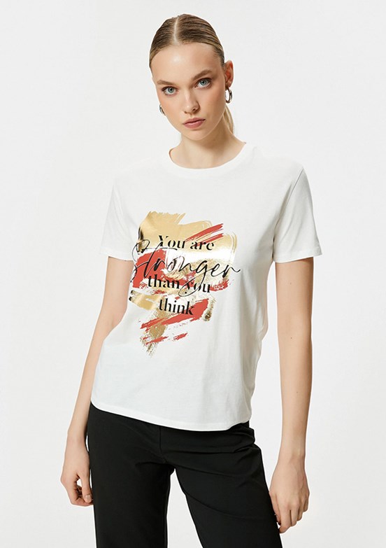 Koton Beyaz Kadın Bisiklet Yaka T-Shirt