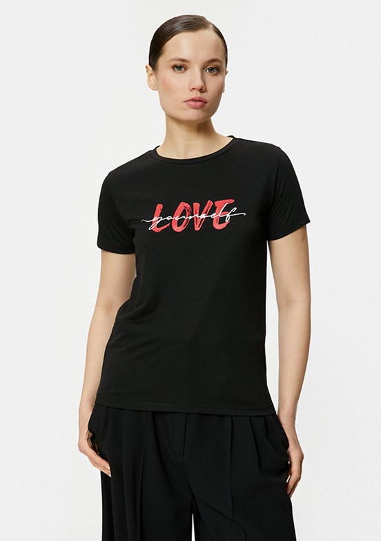 Koton Siyah Kadın Bisiklet Yaka T-Shirt