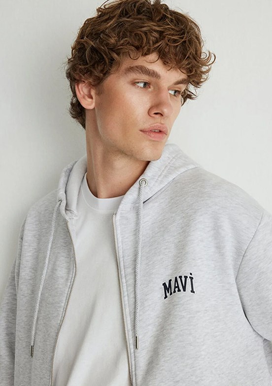 Mavi Beyaz Erkek Fermuarlı Kapüşonlu Sweatshirt