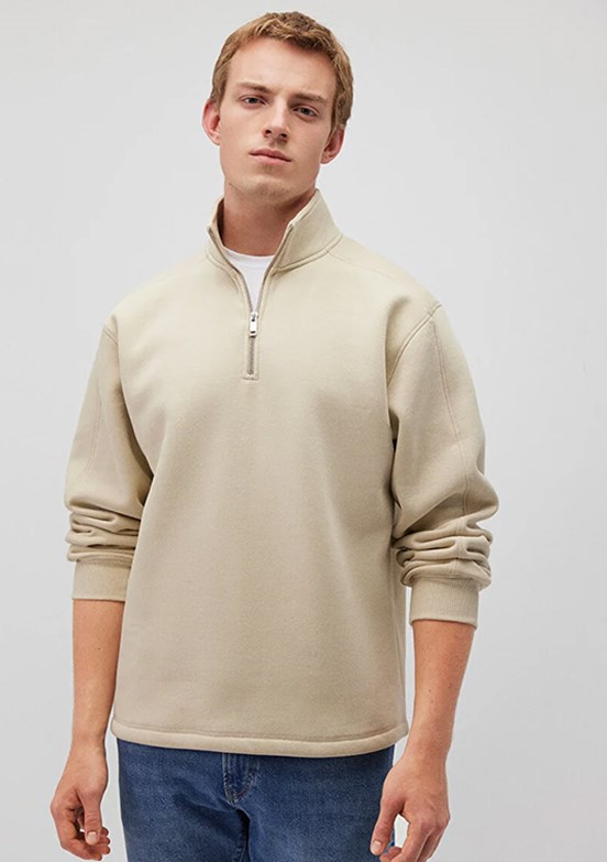 Mavi Bej Erkek Fermuarlı Sweatshirt