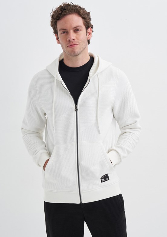Cazador Beyaz Erkek Fermuarlı Kapüşonlu Sweatshirt