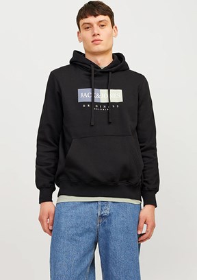 JACK JONES Siyah Erkek Fermuarsız Kapüşonlu Sweatshirt