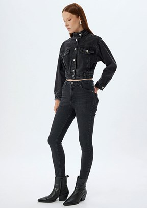 Koton Siyah Kadın Beli Lastikli Jean Pantolon
