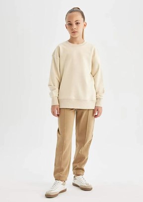 DEFACTO Bej Kız Çocuk Bisiklet Yaka Sweatshirt