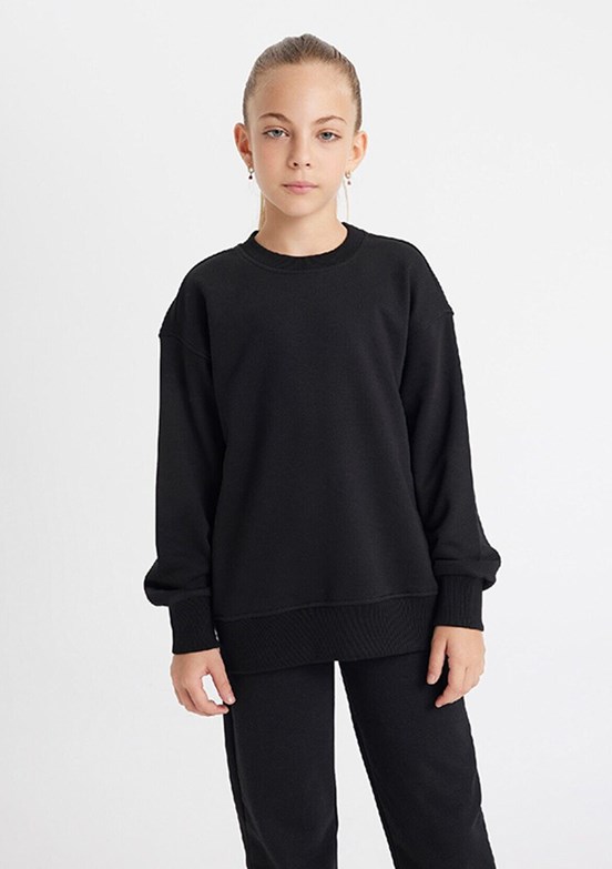Defacto Black Kız Çocuk Bisiklet Yaka Sweatshirt