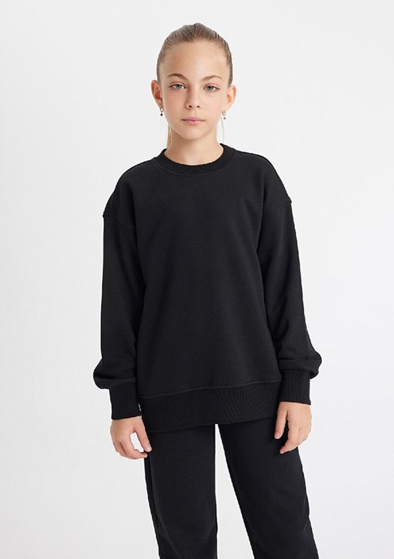 Defacto Black Kız Çocuk Bisiklet Yaka Sweatshirt