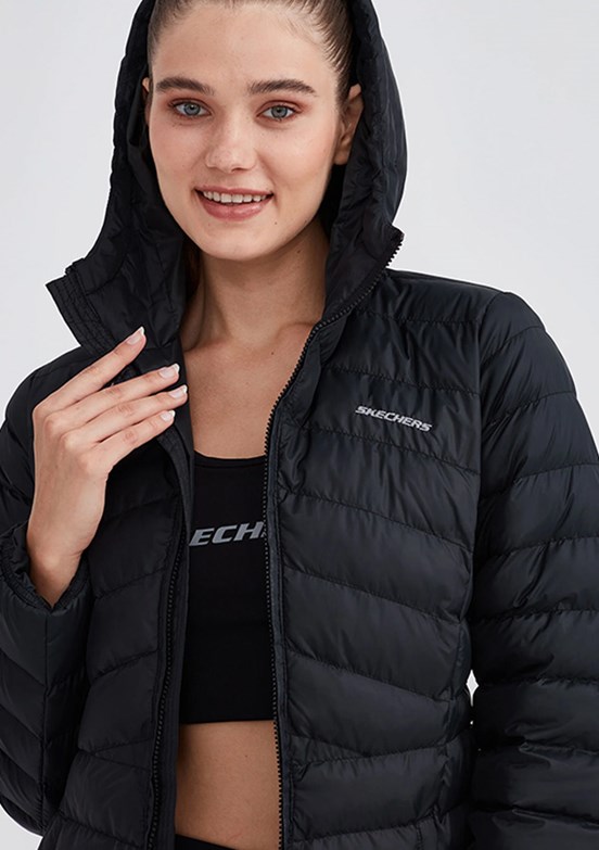 Skechers Siyah Kadın Essential Maxi Length Hooded Kapüşonlu Mont