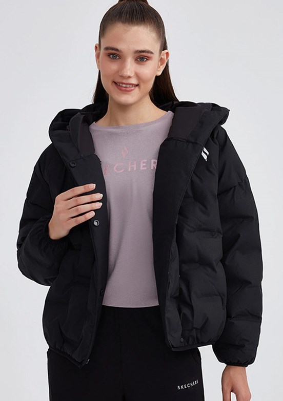 Skechers Siyah Kadın Outerwear Padded Kapüşonlu Mont