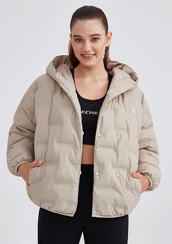 Skechers Gri Kadın Outerwear Padded Kapüşonlu Mont