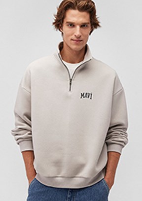 Mavi Gri Erkek Fermuarlı Sweatshirt