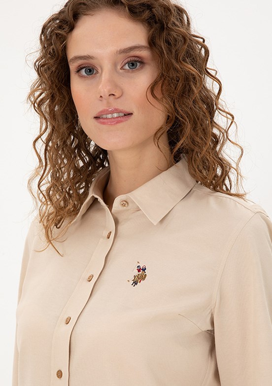 US POLO ASSN Bej Kadın Uzun Kol Gömlek