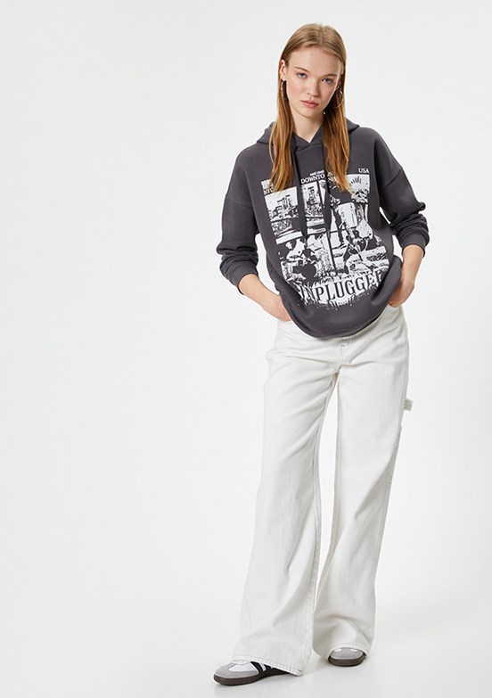 KOTON Antrasit Kadın Baskılı Sweatshirt