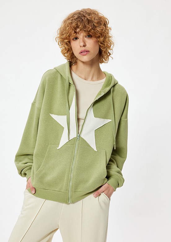 KOTON Yeşil Kadın Fermuarlı Kapüşonlu Sweatshirt