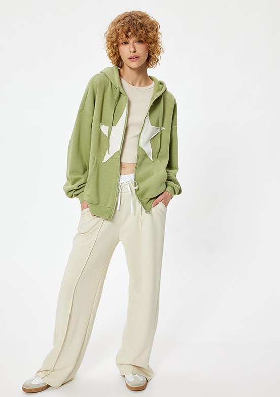 KOTON Yeşil Kadın Fermuarlı Kapüşonlu Sweatshirt