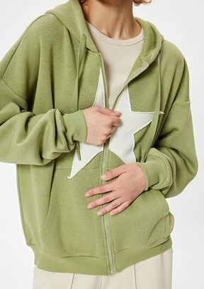 KOTON Yeşil Kadın Fermuarlı Kapüşonlu Sweatshirt