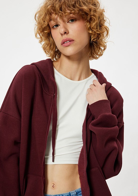 KOTON Bordo Kadın Fermuarlı Sweatshirt