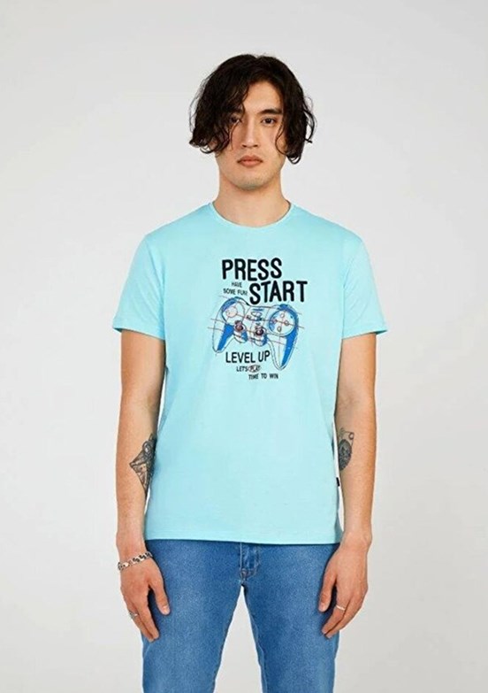 THE CROW Game - TC7123 Erkek Mavi Baskılı T-Shirt