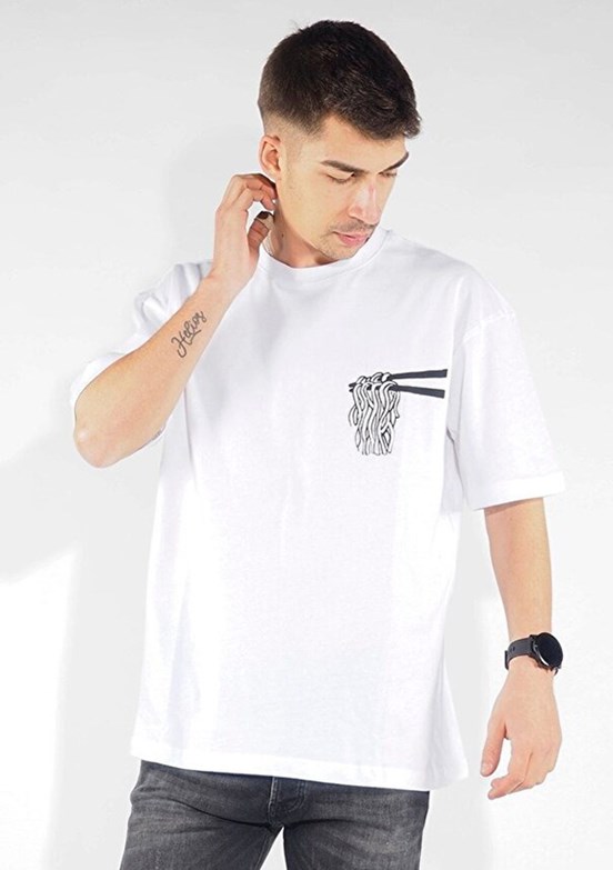 THE CROW Noodle - TC9005 Erkek Beyaz Relax T-Shirt