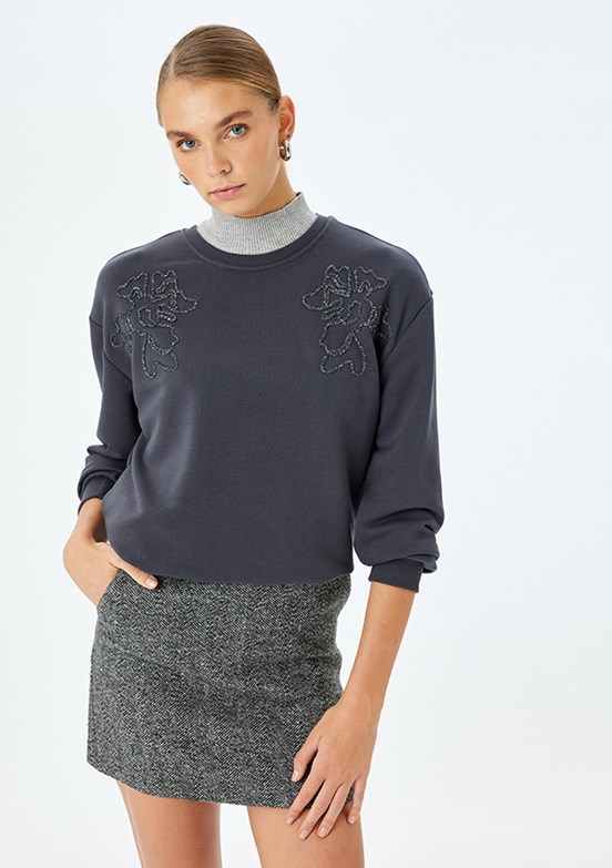 KOTON Antrasit Kadın Bisiklet Yaka Sweatshirt