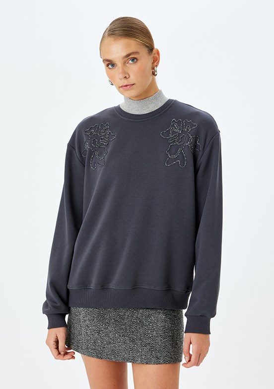 KOTON Antrasit Kadın Bisiklet Yaka Sweatshirt