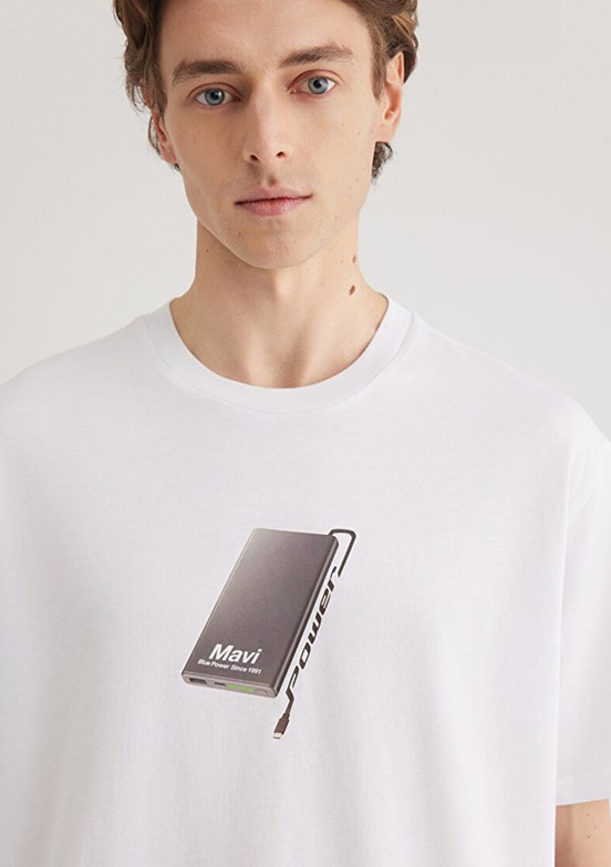 MAVİ - M0612483-620 Erkek Beyaz Baskılı T-Shirt