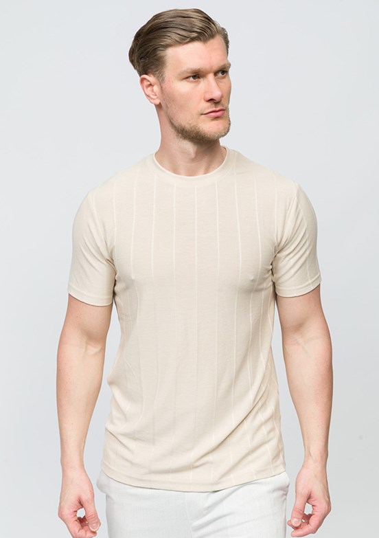 JOHNNY JOE Bej Erkek Bisiklet Yaka T-shirt