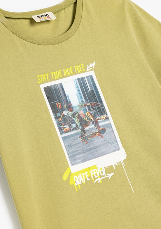 KOTON Yeşil Erkek Çocuk Bisiklet Yaka T-Shirt