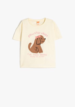 KOTON - 5SMG10032AK Kız Çocuk Bej Baskılı T-Shirt