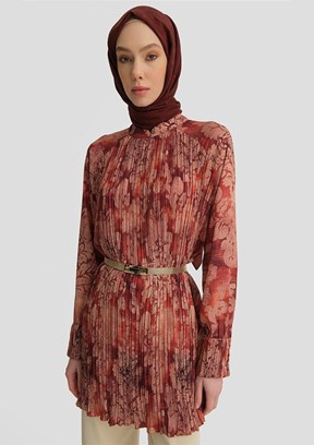 ARMİNE Koyu Kırmızı Kadın Desenli ve Pliseli Tunik