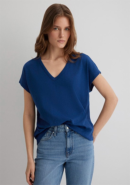 MAVİ V Yaka Gece Mavisi Kadın Basic T-shirt