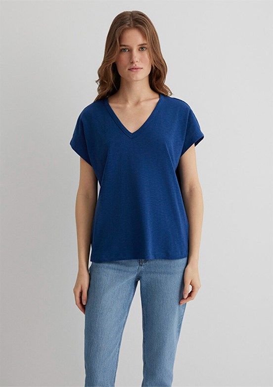 MAVİ V Yaka Gece Mavisi Kadın Basic T-shirt