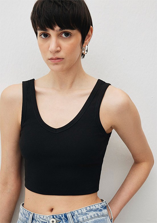 MAVİ V Yaka Siyah Kadın Basic Crop Atlet