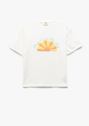 KOTON Beyaz Kız Çocuk Bisiklet Yaka T-Shirt