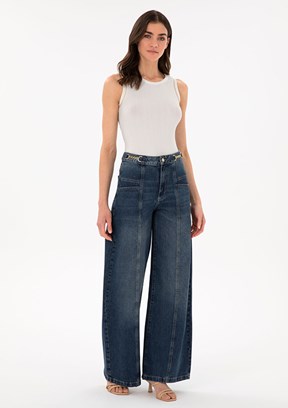 PIERRE CARDIN Lacivert Kadın Bol Paça Jean Pantolon