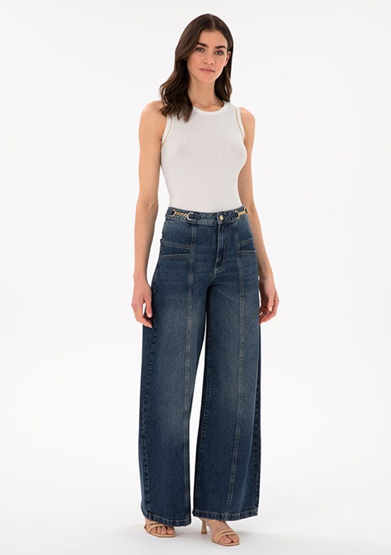 PIERRE CARDIN Lacivert Kadın Bol Paça Jean Pantolon