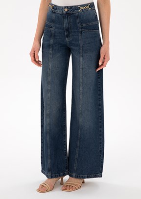 PIERRE CARDIN Lacivert Kadın Bol Paça Jean Pantolon