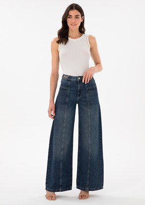 PIERRE CARDIN Lacivert Kadın Bol Paça Jean Pantolon