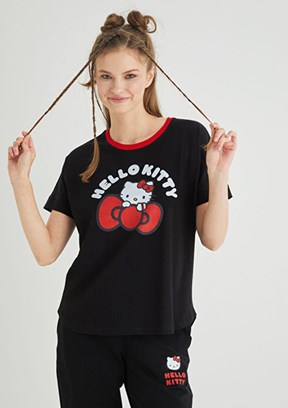 HELLO KİTTY Siyah Kadın Baskılı T-Shirt