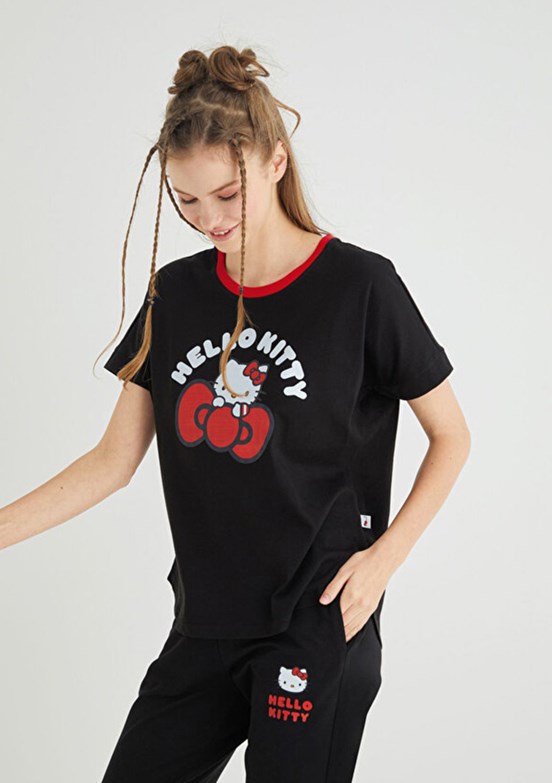 HELLO KİTTY Siyah Kadın Baskılı T-Shirt
