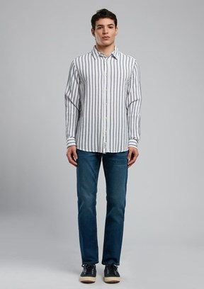 LEE COOPER Olezka Ekru Lacivert Erkek Uzun Kol Dokuma Gömlek